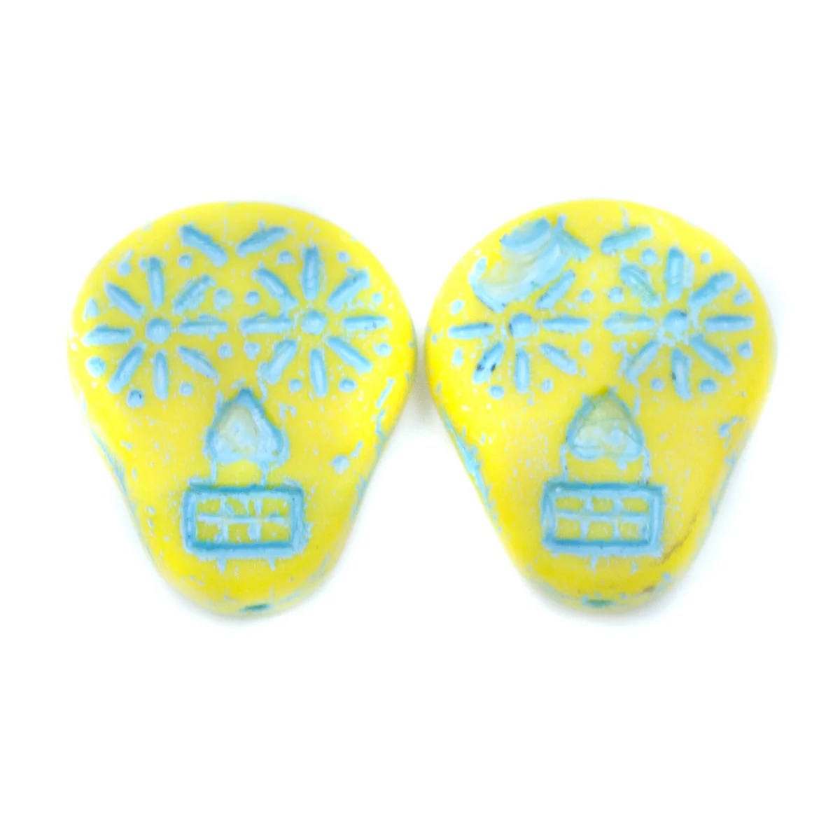 SK016: Sugar Skull - Yellow and Ice Blue 19x16mm - 10 Pc - Image 2